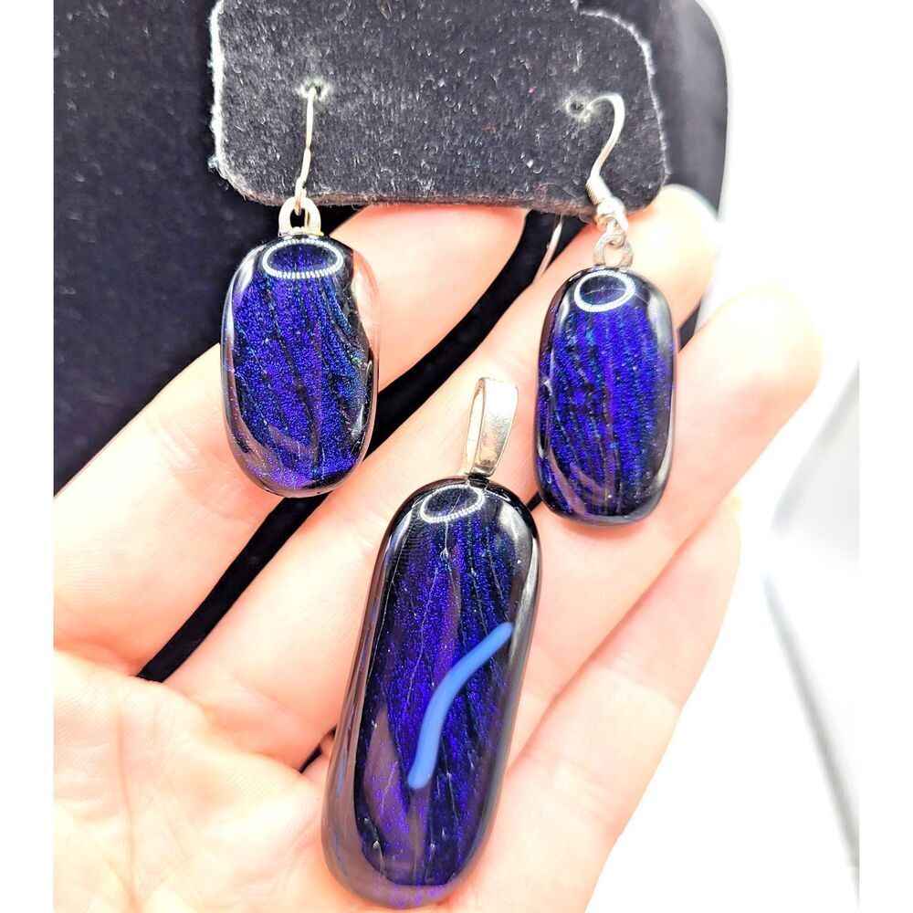 Gorgeous Glittery Blown Glass Earrings & Pendant Sterling Silver Artisan Made 2"